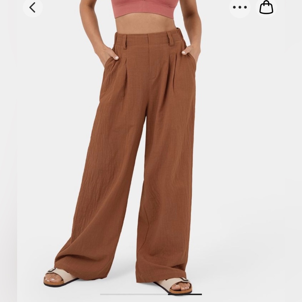High waisted plicated side pocket wide leg flowy cotton pants